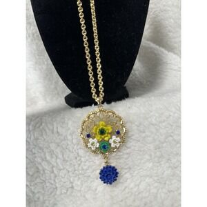 NWT TALBOTS Enamel FLOWER Pendant Necklace Rhinestone Blue Yellow Floral Gift